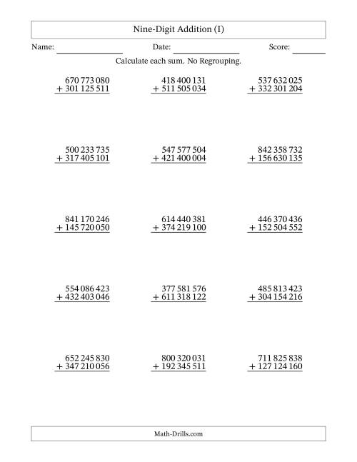 The Nine-Digit Addition With No Regrouping – 15 Questions – Space Separated Thousands (I) Math Worksheet