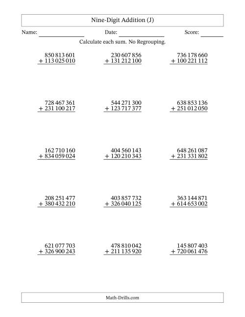 The Nine-Digit Addition With No Regrouping – 15 Questions – Space Separated Thousands (J) Math Worksheet