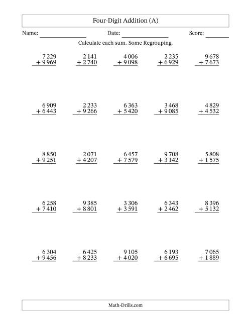 The Four-Digit Addition With Some Regrouping – 25 Questions – Space Separated Thousands (A) Math Worksheet
