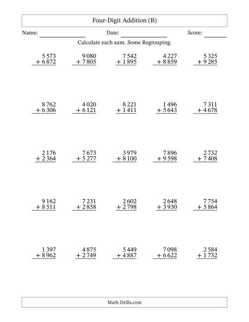 The Four-Digit Addition With Some Regrouping – 25 Questions – Space Separated Thousands (B) Math Worksheet