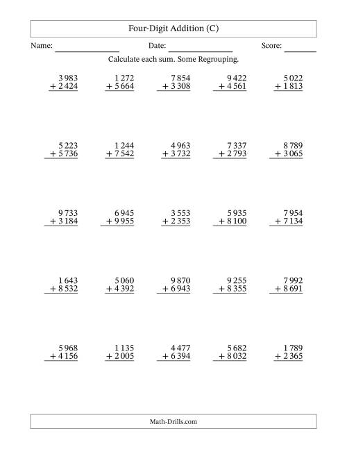 The Four-Digit Addition With Some Regrouping – 25 Questions – Space Separated Thousands (C) Math Worksheet