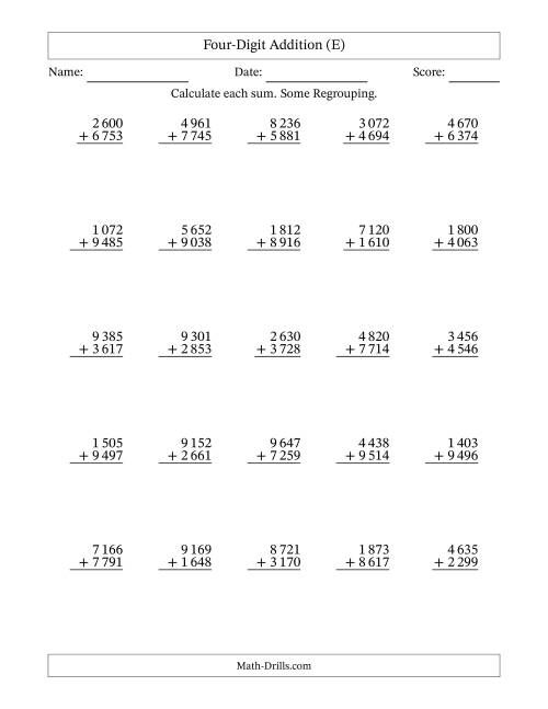 The Four-Digit Addition With Some Regrouping – 25 Questions – Space Separated Thousands (E) Math Worksheet