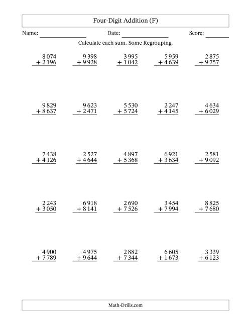 The Four-Digit Addition With Some Regrouping – 25 Questions – Space Separated Thousands (F) Math Worksheet