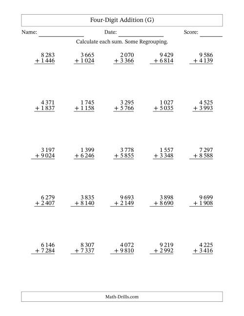 The Four-Digit Addition With Some Regrouping – 25 Questions – Space Separated Thousands (G) Math Worksheet