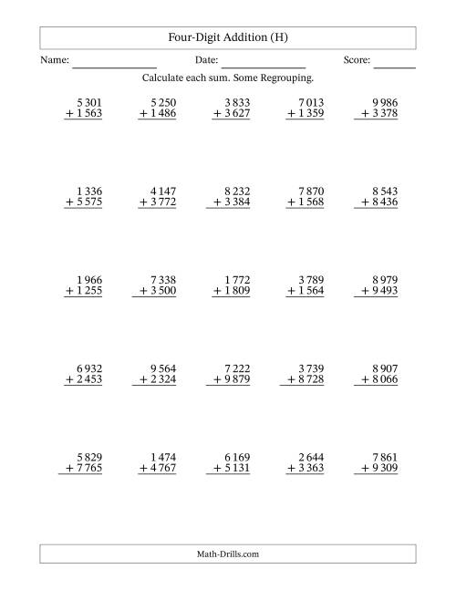 The Four-Digit Addition With Some Regrouping – 25 Questions – Space Separated Thousands (H) Math Worksheet