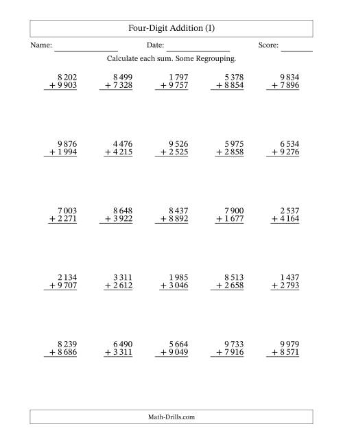 The Four-Digit Addition With Some Regrouping – 25 Questions – Space Separated Thousands (I) Math Worksheet