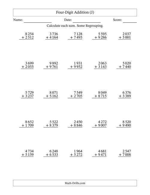 The Four-Digit Addition With Some Regrouping – 25 Questions – Space Separated Thousands (J) Math Worksheet