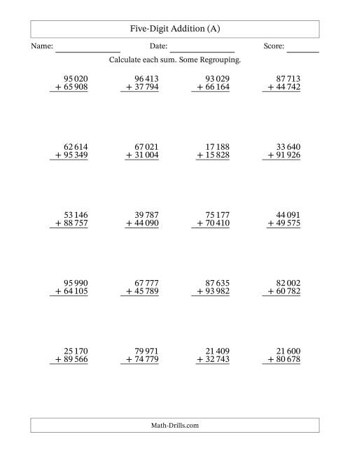 The Five-Digit Addition With Some Regrouping – 20 Questions – Space Separated Thousands (A) Math Worksheet