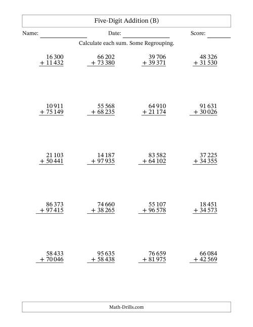 The Five-Digit Addition With Some Regrouping – 20 Questions – Space Separated Thousands (B) Math Worksheet