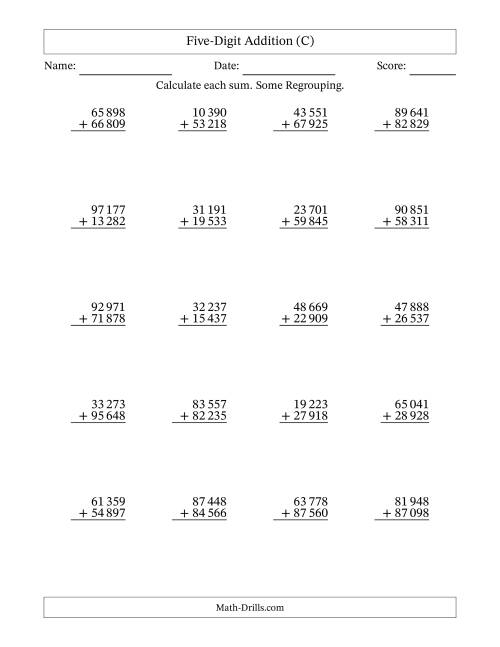 The Five-Digit Addition With Some Regrouping – 20 Questions – Space Separated Thousands (C) Math Worksheet