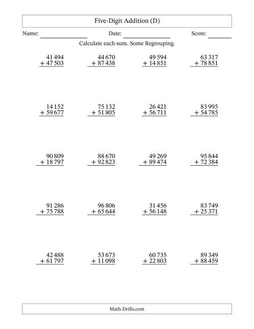 The Five-Digit Addition With Some Regrouping – 20 Questions – Space Separated Thousands (D) Math Worksheet