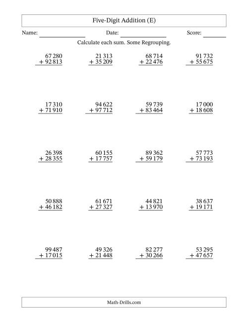 The Five-Digit Addition With Some Regrouping – 20 Questions – Space Separated Thousands (E) Math Worksheet
