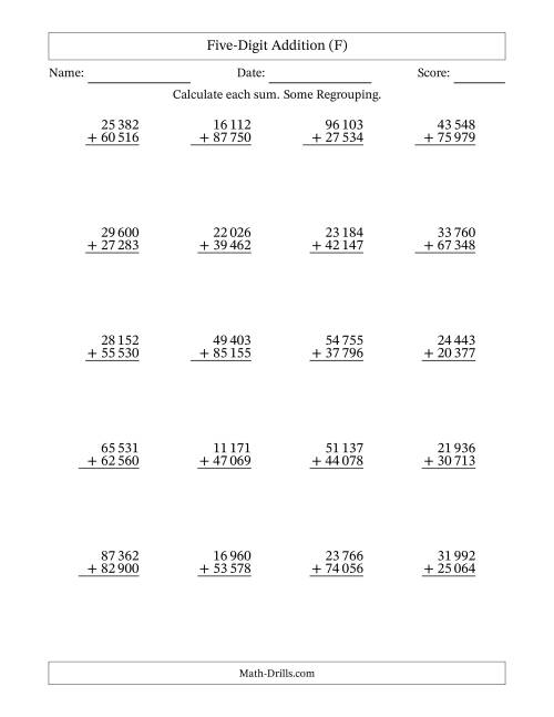 The Five-Digit Addition With Some Regrouping – 20 Questions – Space Separated Thousands (F) Math Worksheet