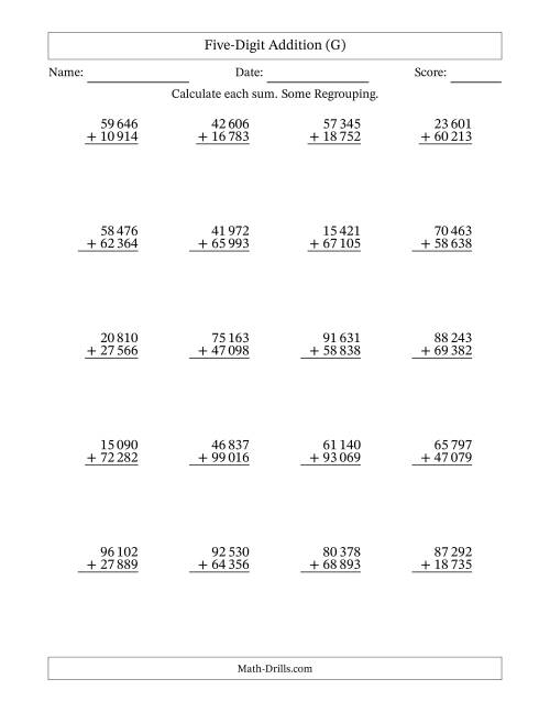 The Five-Digit Addition With Some Regrouping – 20 Questions – Space Separated Thousands (G) Math Worksheet