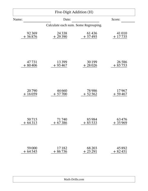 The Five-Digit Addition With Some Regrouping – 20 Questions – Space Separated Thousands (H) Math Worksheet