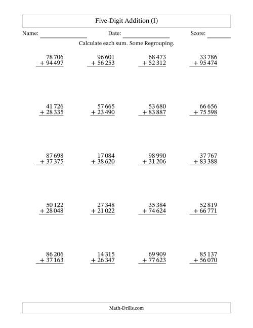 The Five-Digit Addition With Some Regrouping – 20 Questions – Space Separated Thousands (I) Math Worksheet