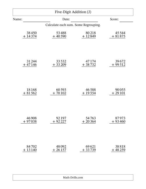 The Five-Digit Addition With Some Regrouping – 20 Questions – Space Separated Thousands (J) Math Worksheet