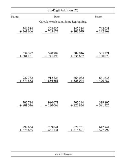 The Six-Digit Addition With Some Regrouping – 20 Questions – Space Separated Thousands (C) Math Worksheet