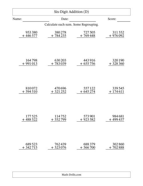 The Six-Digit Addition With Some Regrouping – 20 Questions – Space Separated Thousands (D) Math Worksheet