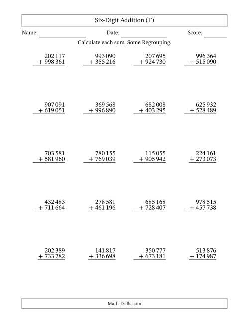 The Six-Digit Addition With Some Regrouping – 20 Questions – Space Separated Thousands (F) Math Worksheet