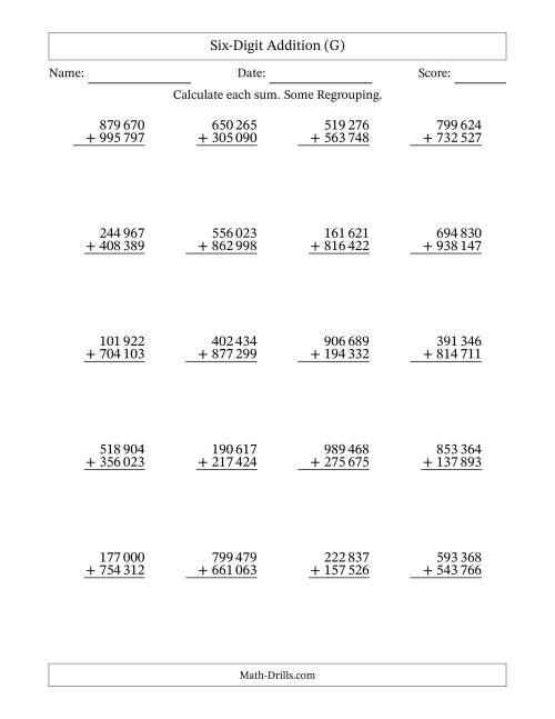The Six-Digit Addition With Some Regrouping – 20 Questions – Space Separated Thousands (G) Math Worksheet
