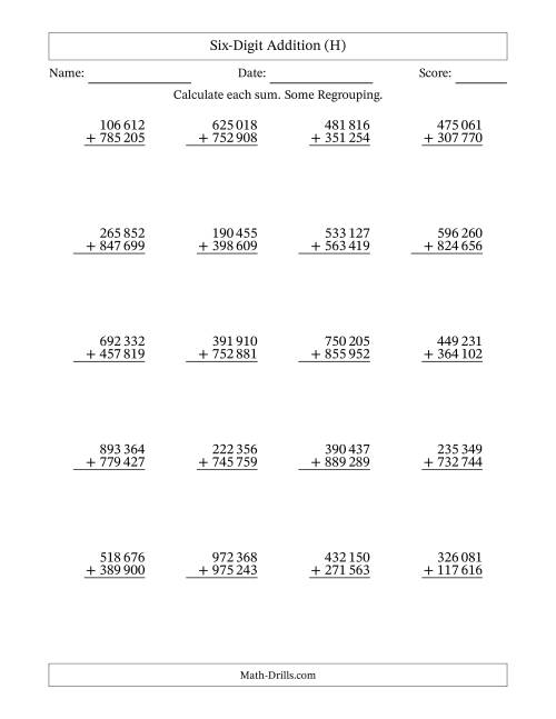The Six-Digit Addition With Some Regrouping – 20 Questions – Space Separated Thousands (H) Math Worksheet