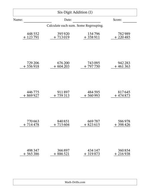 The Six-Digit Addition With Some Regrouping – 20 Questions – Space Separated Thousands (I) Math Worksheet