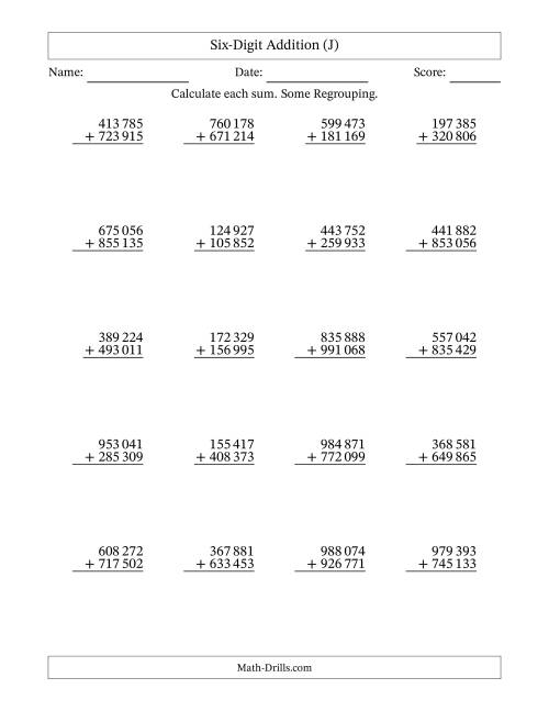 The Six-Digit Addition With Some Regrouping – 20 Questions – Space Separated Thousands (J) Math Worksheet
