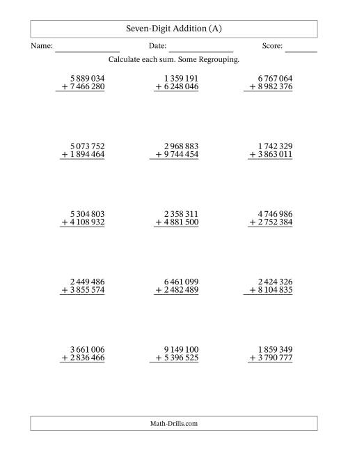 The 7-Digit Plus 7-Digit Addition with SOME Regrouping and Space-Separated Thousands (A) Math Worksheet
