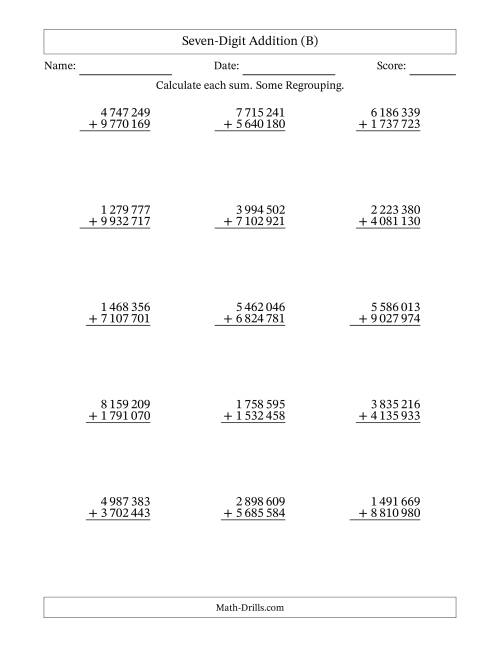 The Seven-Digit Addition With Some Regrouping – 15 Questions – Space Separated Thousands (B) Math Worksheet