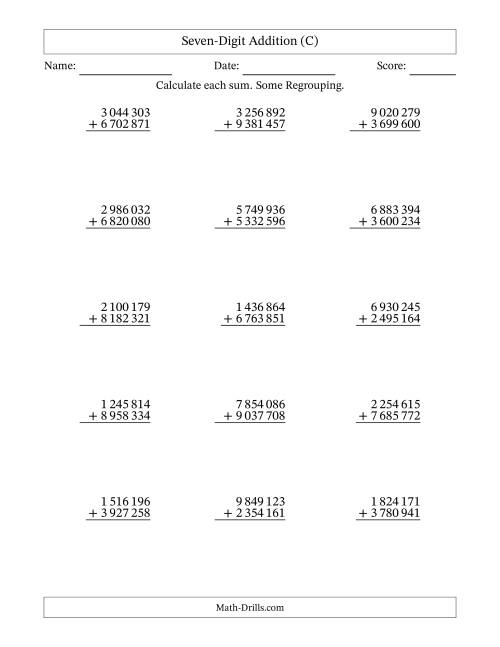 The Seven-Digit Addition With Some Regrouping – 15 Questions – Space Separated Thousands (C) Math Worksheet