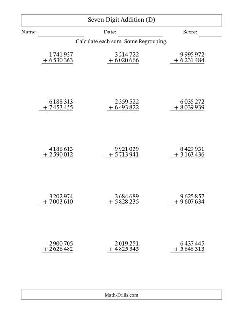 The Seven-Digit Addition With Some Regrouping – 15 Questions – Space Separated Thousands (D) Math Worksheet