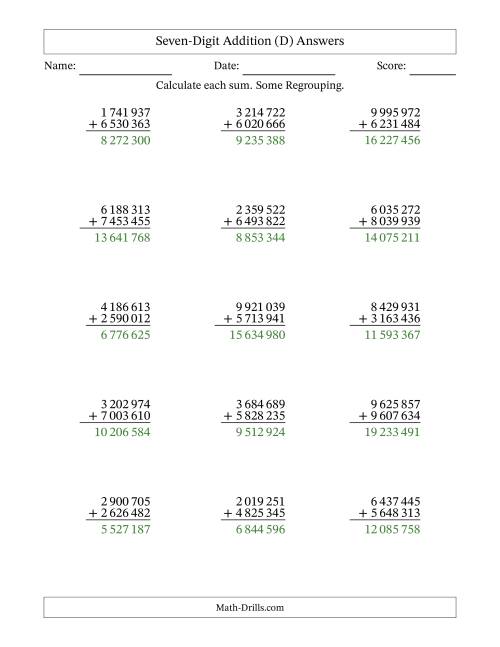 The Seven-Digit Addition With Some Regrouping – 15 Questions – Space Separated Thousands (D) Math Worksheet Page 2