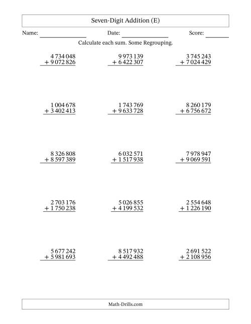 The Seven-Digit Addition With Some Regrouping – 15 Questions – Space Separated Thousands (E) Math Worksheet