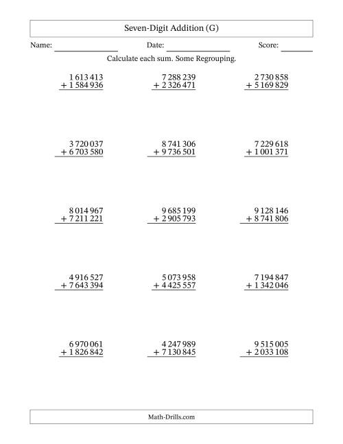 The Seven-Digit Addition With Some Regrouping – 15 Questions – Space Separated Thousands (G) Math Worksheet