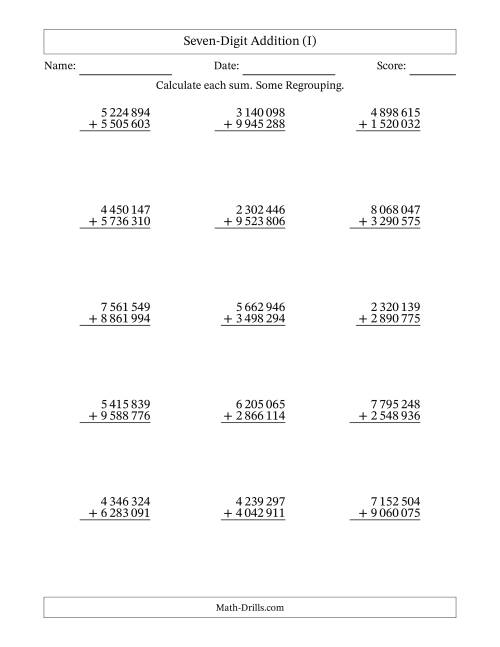The Seven-Digit Addition With Some Regrouping – 15 Questions – Space Separated Thousands (I) Math Worksheet