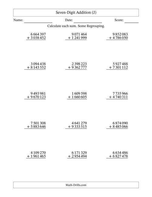 The Seven-Digit Addition With Some Regrouping – 15 Questions – Space Separated Thousands (J) Math Worksheet