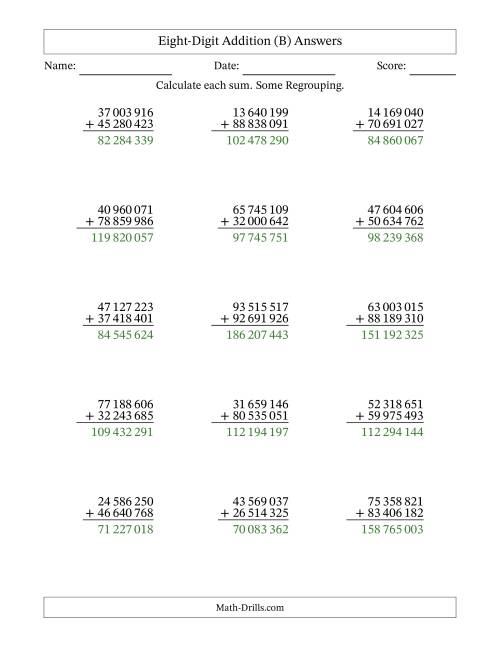 The Eight-Digit Addition With Some Regrouping – 15 Questions – Space Separated Thousands (B) Math Worksheet Page 2