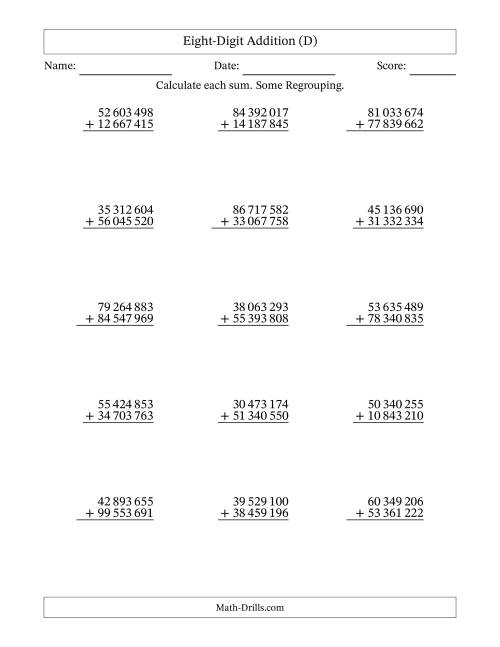 The Eight-Digit Addition With Some Regrouping – 15 Questions – Space Separated Thousands (D) Math Worksheet