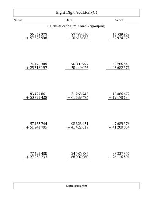 The Eight-Digit Addition With Some Regrouping – 15 Questions – Space Separated Thousands (G) Math Worksheet