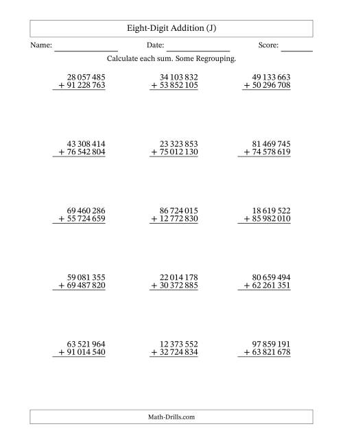The Eight-Digit Addition With Some Regrouping – 15 Questions – Space Separated Thousands (J) Math Worksheet