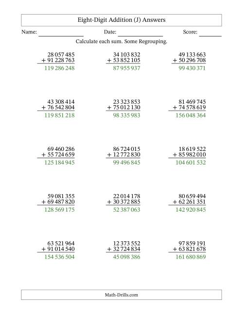 The Eight-Digit Addition With Some Regrouping – 15 Questions – Space Separated Thousands (J) Math Worksheet Page 2