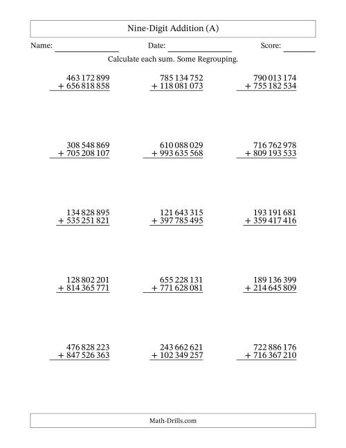 The Nine-Digit Addition With Some Regrouping – 15 Questions – Space Separated Thousands (A) Math Worksheet