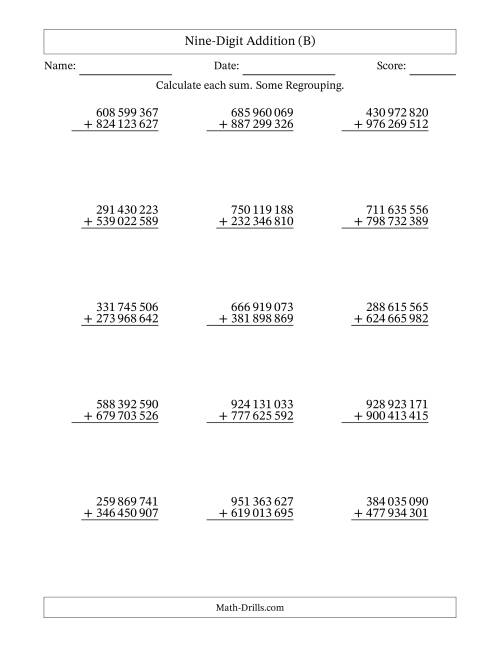 The Nine-Digit Addition With Some Regrouping – 15 Questions – Space Separated Thousands (B) Math Worksheet