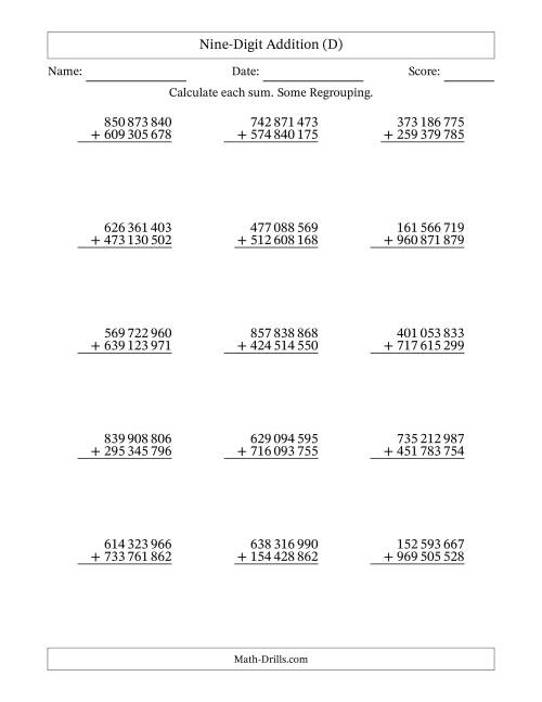 The Nine-Digit Addition With Some Regrouping – 15 Questions – Space Separated Thousands (D) Math Worksheet