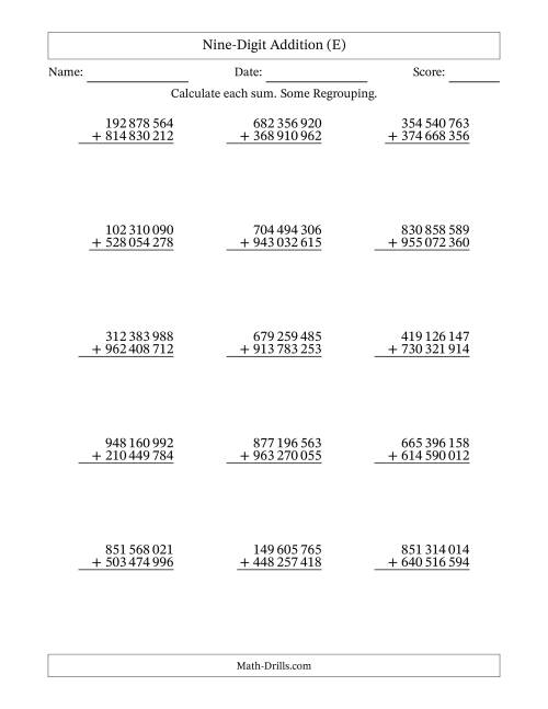 The Nine-Digit Addition With Some Regrouping – 15 Questions – Space Separated Thousands (E) Math Worksheet