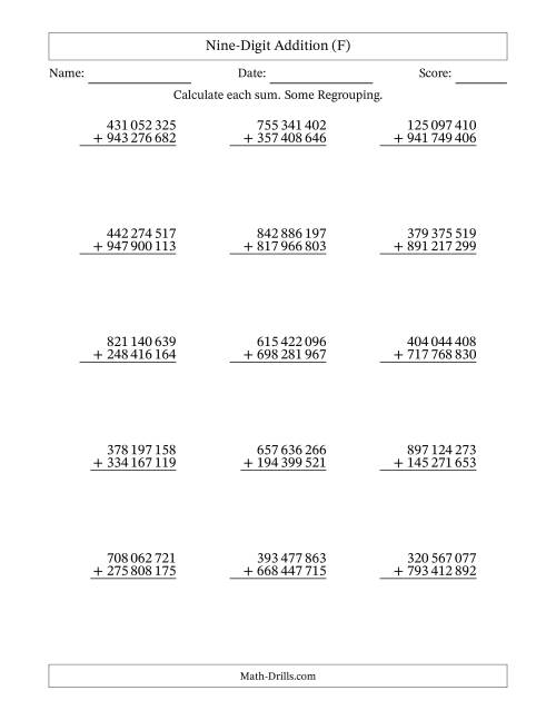 The Nine-Digit Addition With Some Regrouping – 15 Questions – Space Separated Thousands (F) Math Worksheet