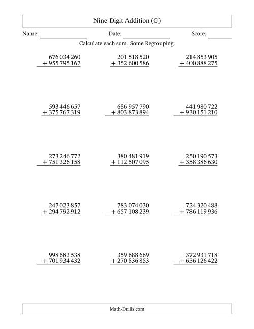 The Nine-Digit Addition With Some Regrouping – 15 Questions – Space Separated Thousands (G) Math Worksheet