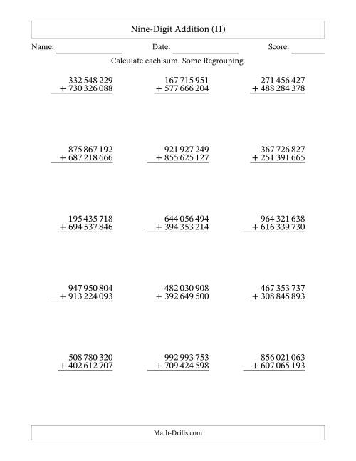 The Nine-Digit Addition With Some Regrouping – 15 Questions – Space Separated Thousands (H) Math Worksheet