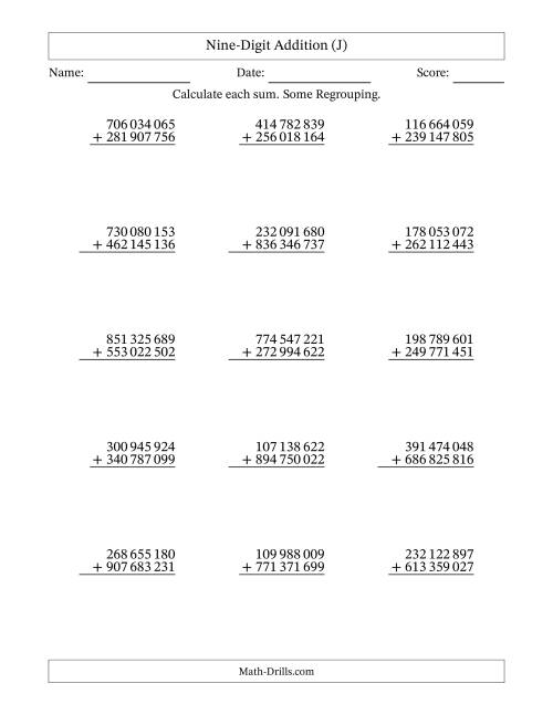 The Nine-Digit Addition With Some Regrouping – 15 Questions – Space Separated Thousands (J) Math Worksheet
